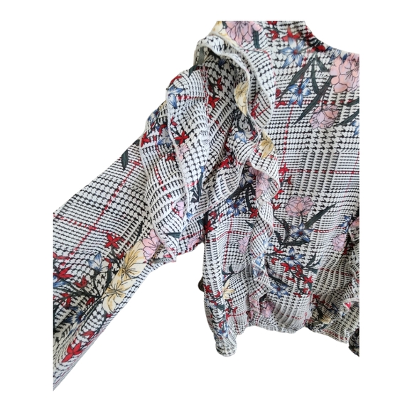 Truth Long Sleeve Floral & Plaid Blouse w/ Descending Ruffles juniors Size L - Picture 7 of 8